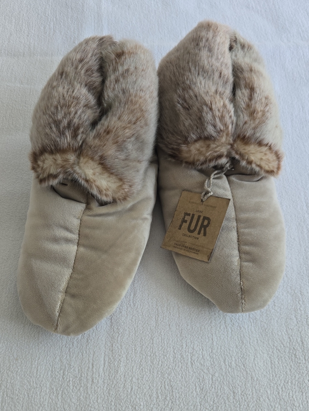 Restoration Hardware Cozy Faux Fur Slippers in Taupe L/XL NWT